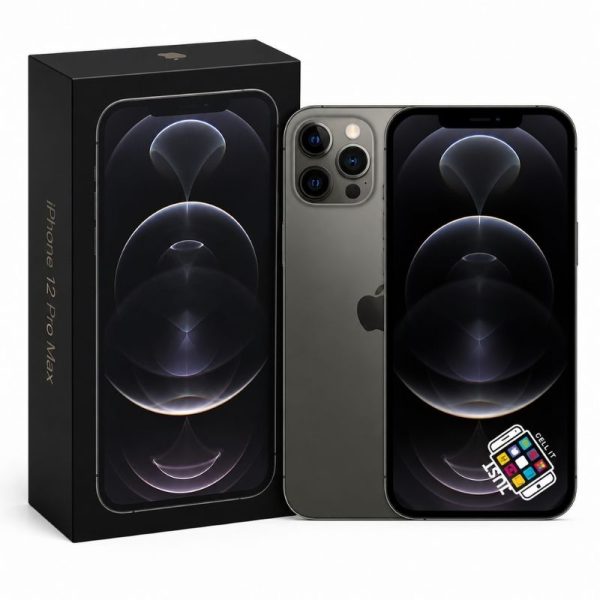Apple iPhone 12 Pro Max smartphone in dark finish with box