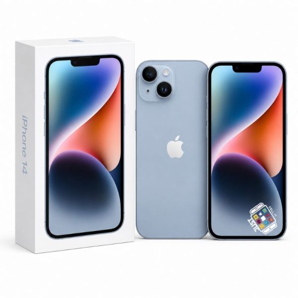 Apple iPhone 14 smartphone in blue with retail box