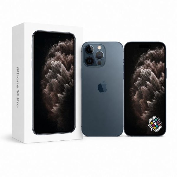 Apple iPhone 14 Pro smartphone in dark blue with retail box
