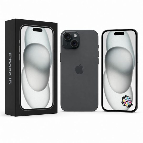 Apple iPhone 15 smartphone in dark finish with retail box