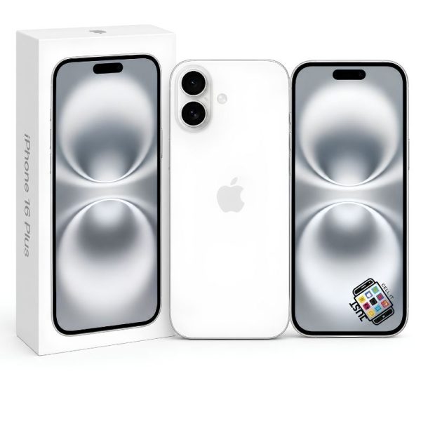 Apple iPhone 16 Plus smartphone in white with retail box