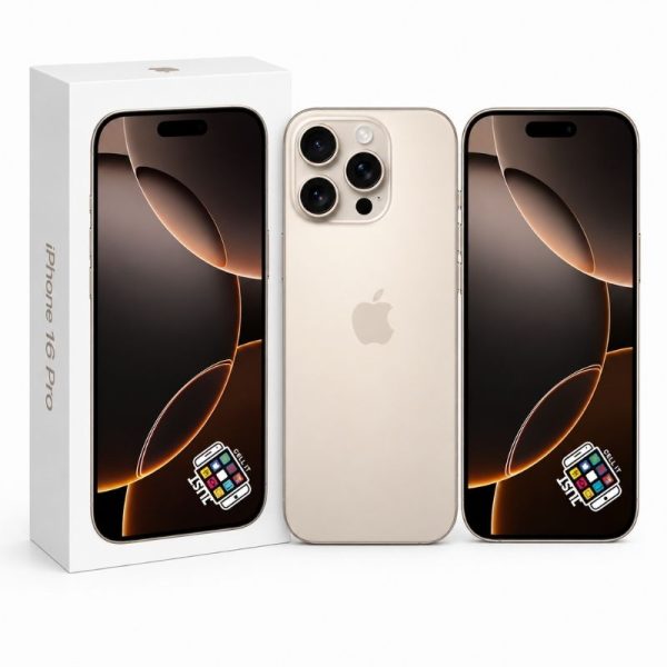 Apple iPhone 16 Pro smartphone in gold with retail box