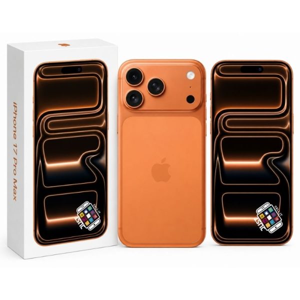 Apple iPhone 17 Pro Max smartphone in orange with retail box